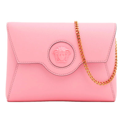 Versace La Medusa Pink Pebbled Calf Leather Mini Envelope Crossbody Clutch Bag - LUXURYMRKT