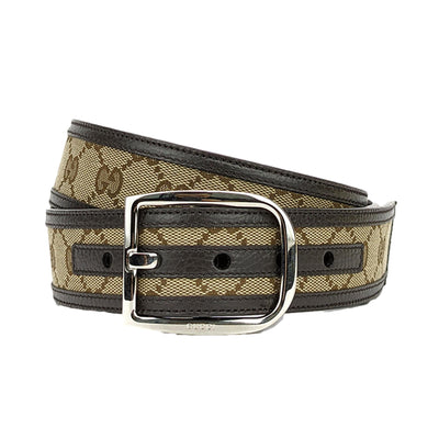 Gucci GG Brown and Beige Canvas Leather Trim Belt Size 36/90 - LUXURYMRKT