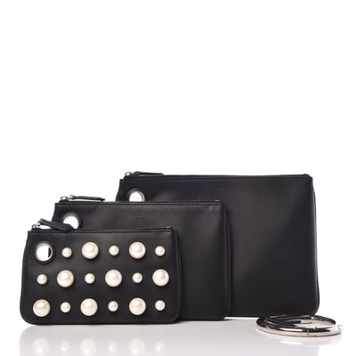 Fendi Black Leather Pearl Studded Triplette Multi Clutch Handbag 8BS001 - LUXURYMRKT