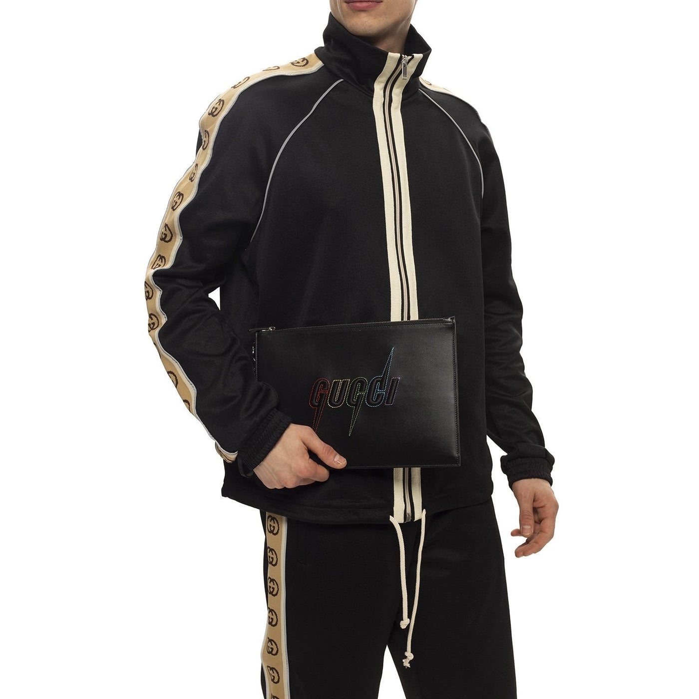 Gucci Blade Embroidered Black Leather Pouch Wristlet Bag - LUXURYMRKT