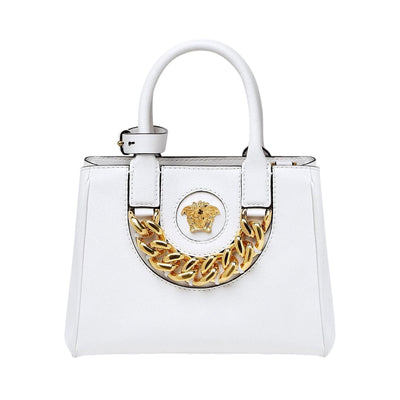 Versace La Medusa Gold Plaque White Leather Small Crossbody Tote Bag - LUXURYMRKT