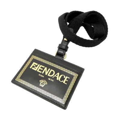 Fendi Fendace Black Leather Card Case Wallet Lanyard - LUXURYMRKT