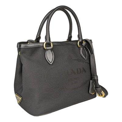 Prada Logo Jacquard Black Soft Calf Leather Trim Cross Body Bag - LUXURYMRKT