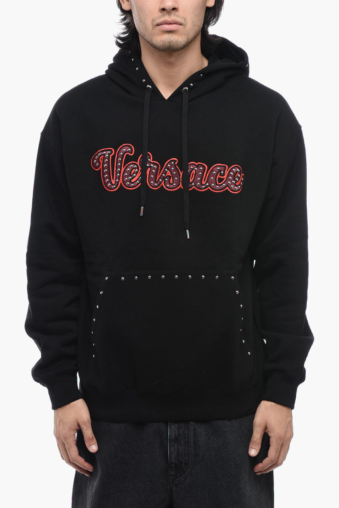 Versace Fleeced Cotton Hoodie with Embroidered Logo and Studs