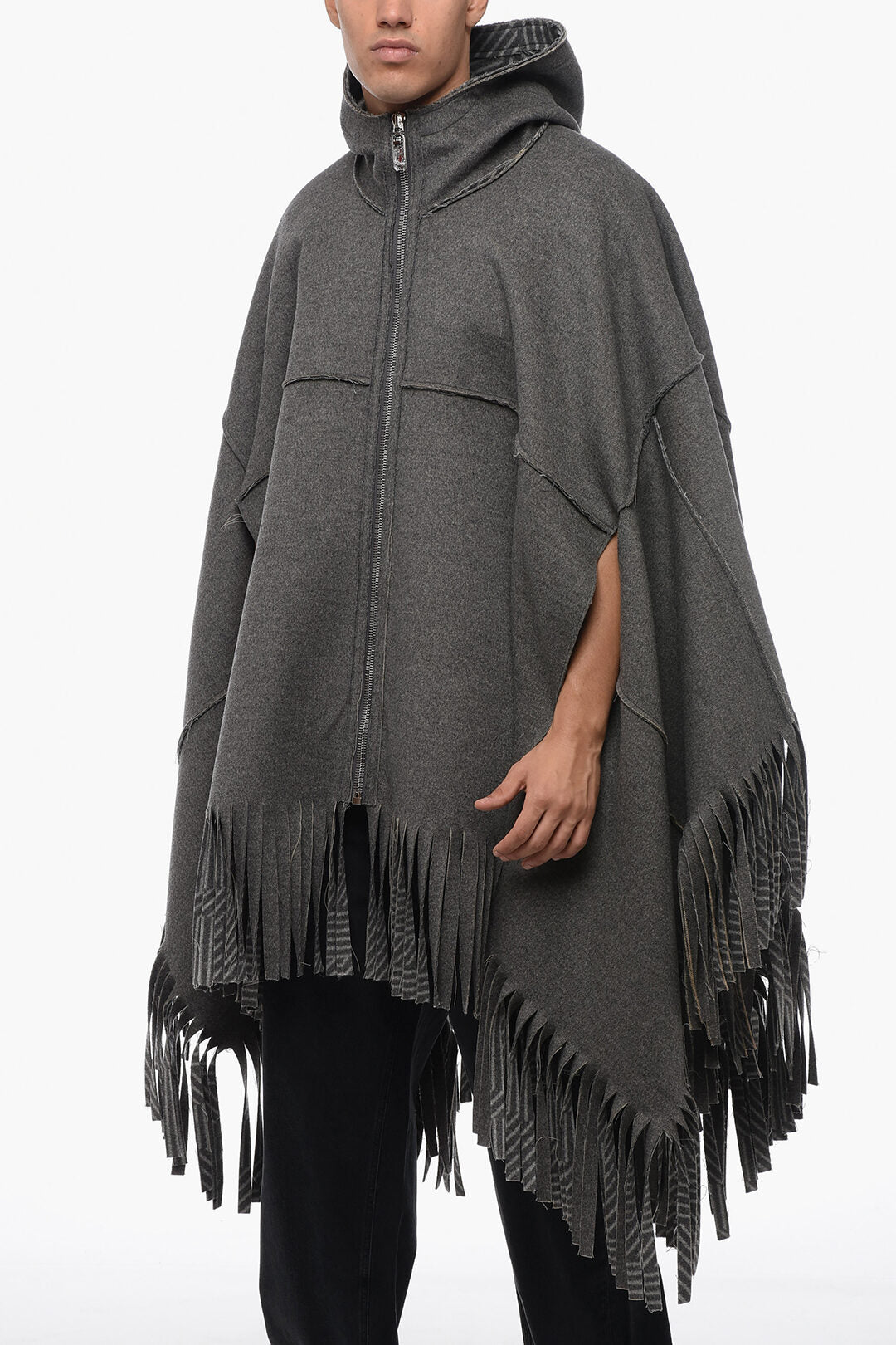 Fendi Hooded Wool Cape With Fringed Bottom