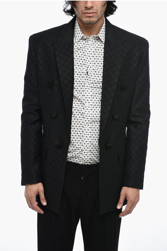 Balmain Oversized Monogram Fabric Blazer with Peak Lapel