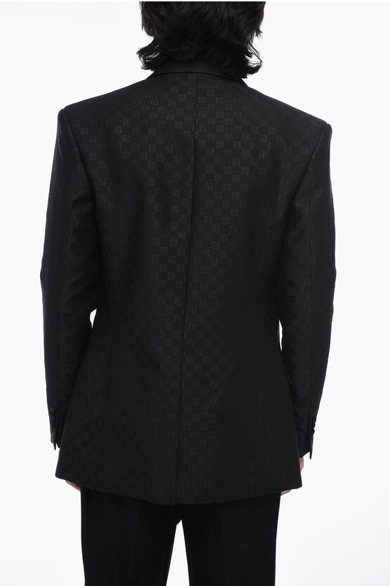 Balmain Oversized Monogram Fabric Blazer with Peak Lapel