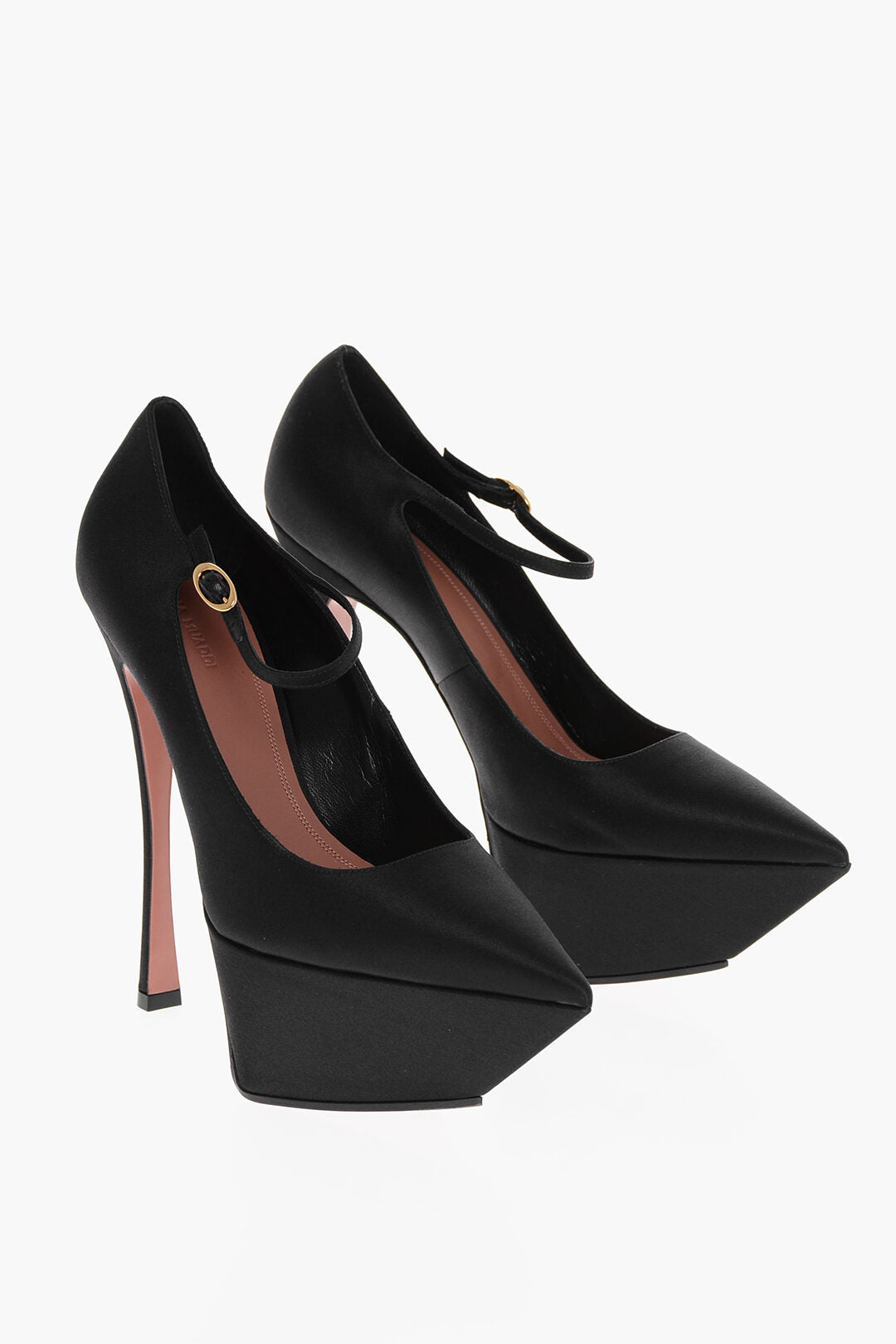 Amina Muaddi Platform Pointed Satin Pumps Heel 16 cm