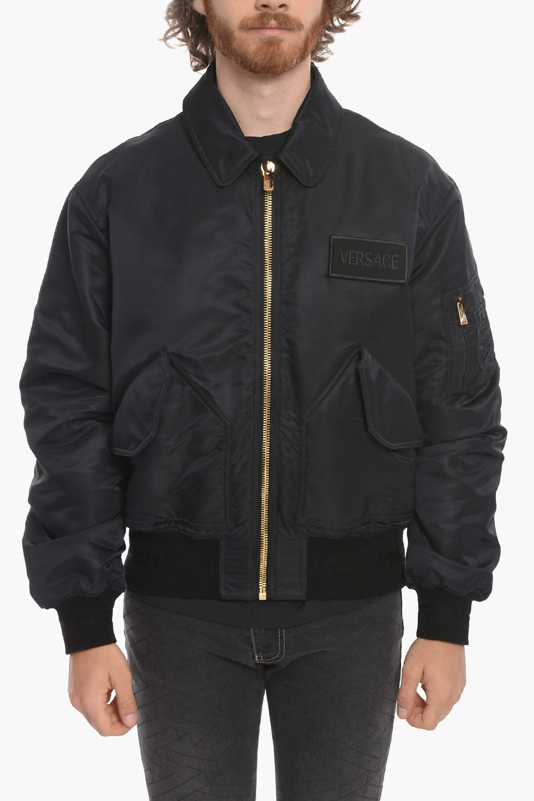 Versace Quilted Zip-up Bomber Jacket with Logo Patch