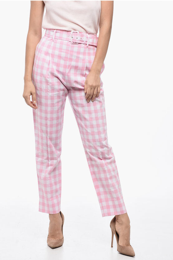 Prada Single-pleated Vichy Cotton Pants with Belt