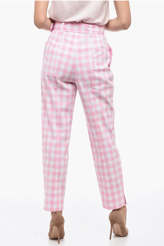 Prada Single-pleated Vichy Cotton Pants with Belt