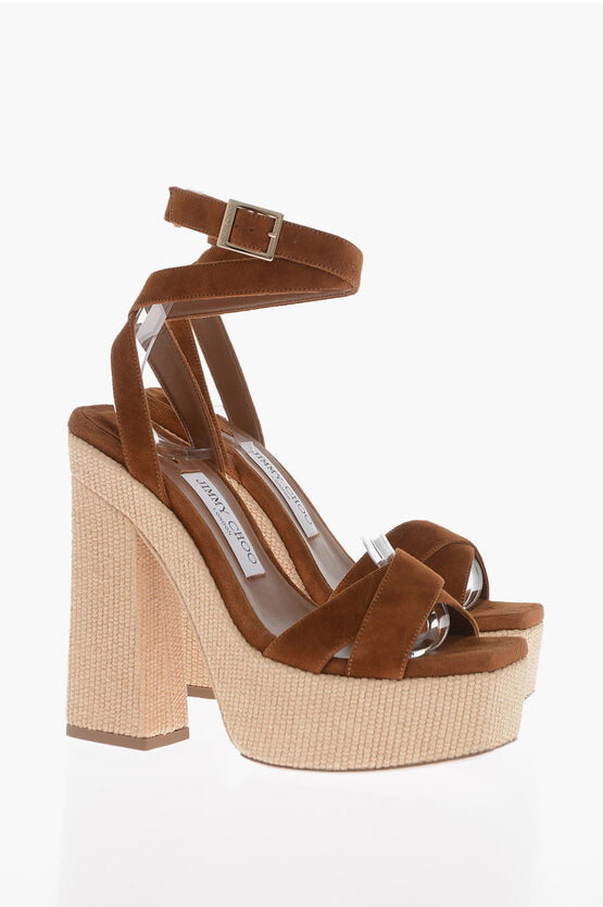 Jimmy Choo Suede GAIA Platform Sandals with Rafia Heel 14cm