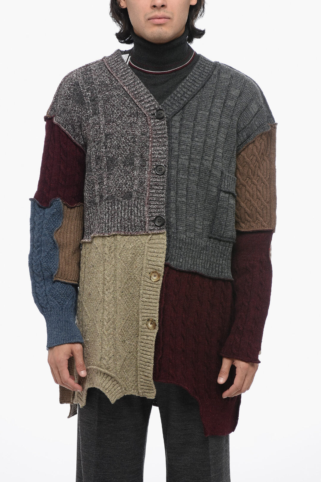 Dolce & Gabbana Wool Blend Patchwork Cardigan with Asymmetric Design